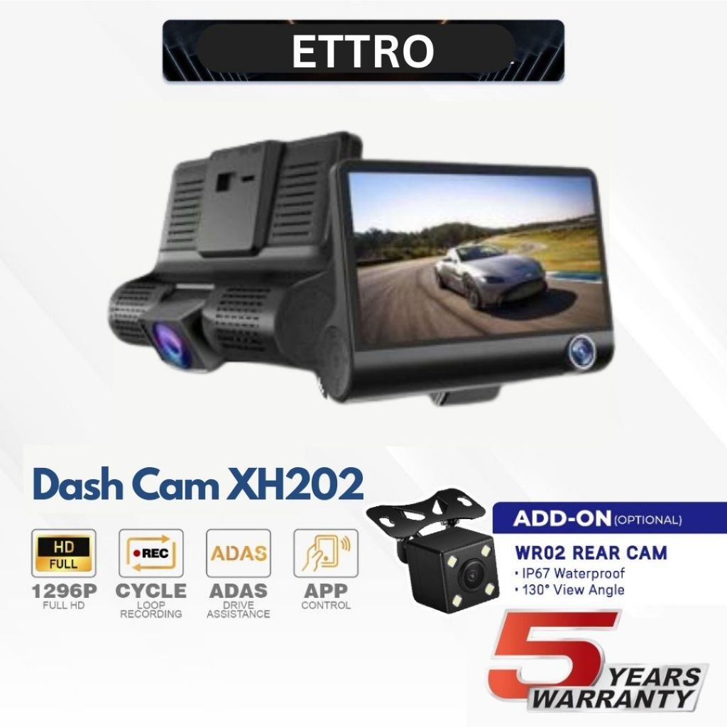 Ettro Dash Cam XH202 พร้อมเครื่องบันทึกในรถยนต์แบบ Dual-Channel Full HD 1080p