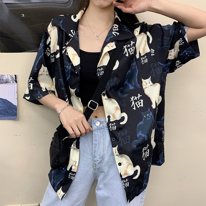 เสื้อเชิ้ตผู้หญิง เสื้อเชิ้ตพิมพ์ลาย แขนสั้น oversize ผ้านิ่ม ใส่สบาย รุ่น0006