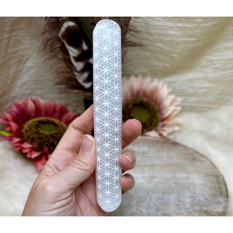 1 PC  Selenite ''Flower of Life'' Massage Wand, Polished Crystal Massage Tool, Natural Healing Cryst