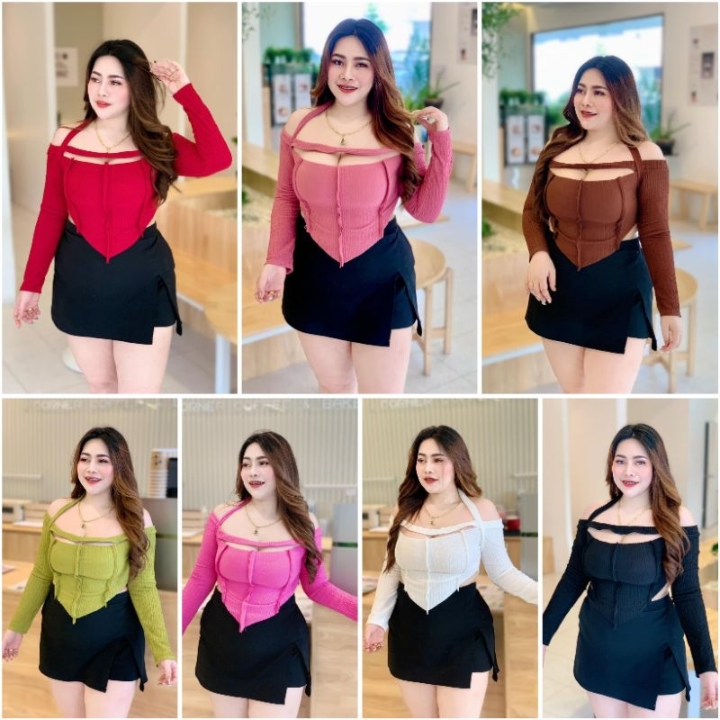 เสื้อแขนยาวเปิดไหล่คล้องคอ #สาวอวบ