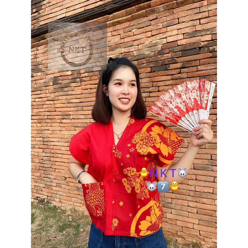 เสื้อคอกะเหรี่ยงทูโทนแดง  ปลา  NKT•195…