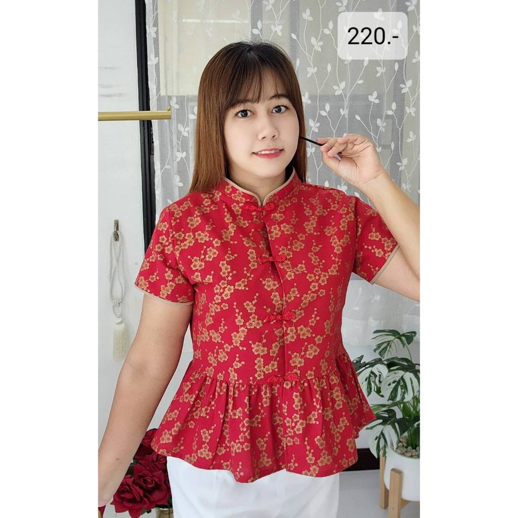 อก34-52นิ้วเสื้อตรุษจีน เอวระบายสีแดงลายดอก