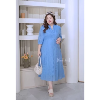 Patcha-สีฟ้า เดรสผ้าลูกไม้ฉลุไซส์ใหญ่อก42 44 46 48 และ50นิ้ว ชุดคนอ้วนสีขาวใส่ไปวัดทำบุญ งานบวช