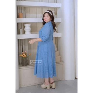 Patcha-สีฟ้า เดรสผ้าลูกไม้ฉลุไซส์ใหญ่อก42 44 46 48 และ50นิ้ว ชุดคนอ้วนสีขาวใส่ไปวัดทำบุญ งานบวช