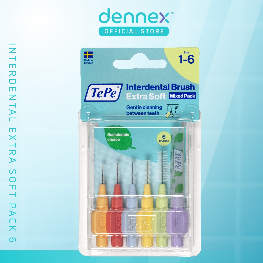 TePe interdental Brush Extrasoft แปรงซอกฟันขนนุ่มพิเศษ เทเป้ อินเทอร์เด็นทัล บลัช รุ่นเอ็กซ์ตร้าซอฟท์ 6 ชิ้น By Dennex