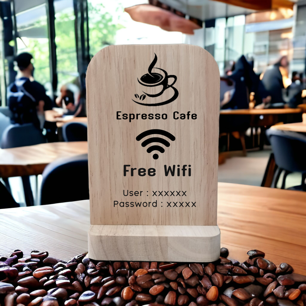 ป้ายไวไฟไม้ยางพาราประสานแท้ สำหรับร้านอาหาร คาเฟ่  รีสอร์ท ออกแบบฟรี เคลือบกันน้ำ เลเซอร์ลึก