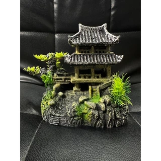 ของแต่งตู้ปลา - 15x18x9 Cm. ศาลาจีน เก๋งจีน สองชั้นบนฐานโขดหิน ต้นไม้ สวยงาม พร้อมส่ง