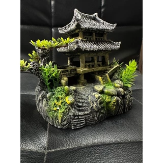 ของแต่งตู้ปลา - 15x18x9 Cm. ศาลาจีน เก๋งจีน สองชั้นบนฐานโขดหิน ต้นไม้ สวยงาม พร้อมส่ง