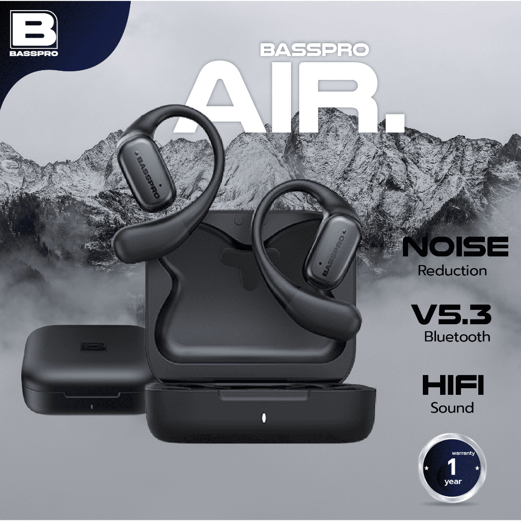 Basspro Air หูฟังบลูทูธ Open Ear แบบสวมหู ขนาดเล็ก สีดำ