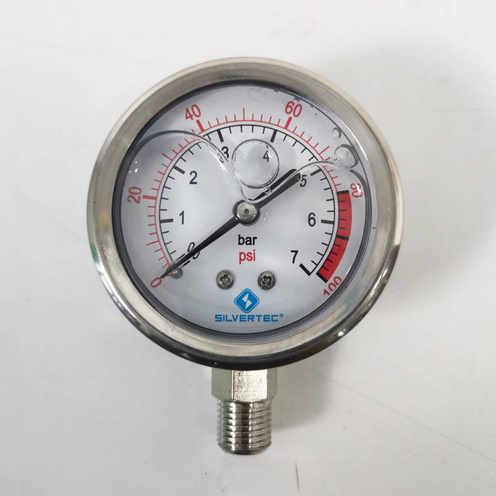 เกจวัดแรงดันคุณภาพสูง Pressure Gauge SILVERTEC 0-100 PSI (ยึดล่าง)(Oil น้ำมัน) 0-7 bar แรงดันลม แรงดันน้ำ แรงดันน้ำมัน