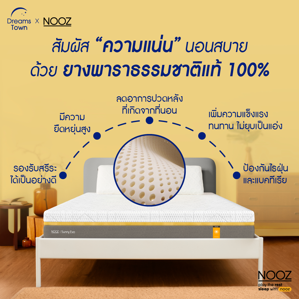 NOOZ ที่นอนยางพาราแท้ 100% บอกลาอาการปวดหลัง จัดส่งในกล่อง น้ำหนักเบา ขนย้ายง่าย า นุ่มแต่ไม่ยวบ รุ่น Sunny Evo