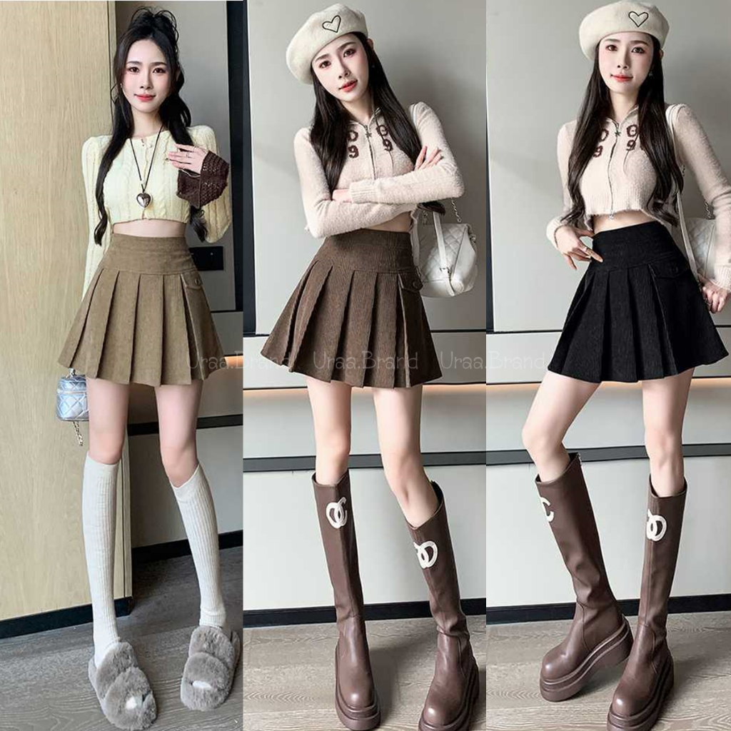 3 สี / กระโปรง เนื้อผ้าลูกฟูก มีซับในกันโป๊ ทรงจีบทวิส ร่น Lookfuk V Bag Skirt - SK7