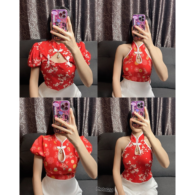 mnv_shop ต้อนรับตรุษจีน ผ้าไหมอิตลีพิมพ์ลาย แต่งอะไหล่ดอกไม้จีน (TJ3)