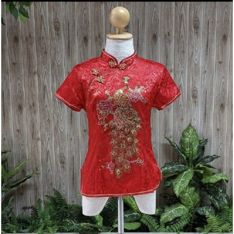 เสื้อกี่เพ้านกยูงสีทอง พร้อมส่ง