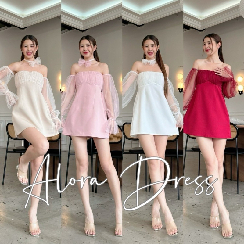 Wendystore182(Alora Dress)เดรสเกาะอกปาดไหล่แต่งผ้าตาข่ายแขนยาว ได้โบว์ด้วยน้า
