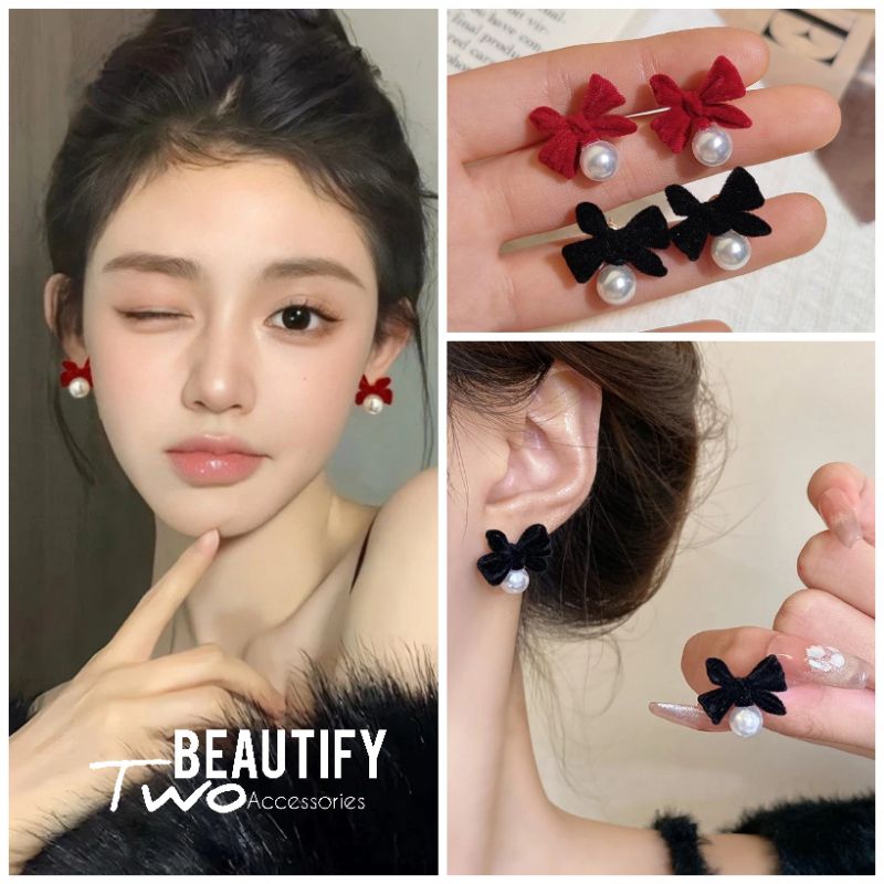 ต่างหูผ้ากำมะหยี่ผูกโบว์ขนาดเล็กประดับมุกสุดน่ารัก
