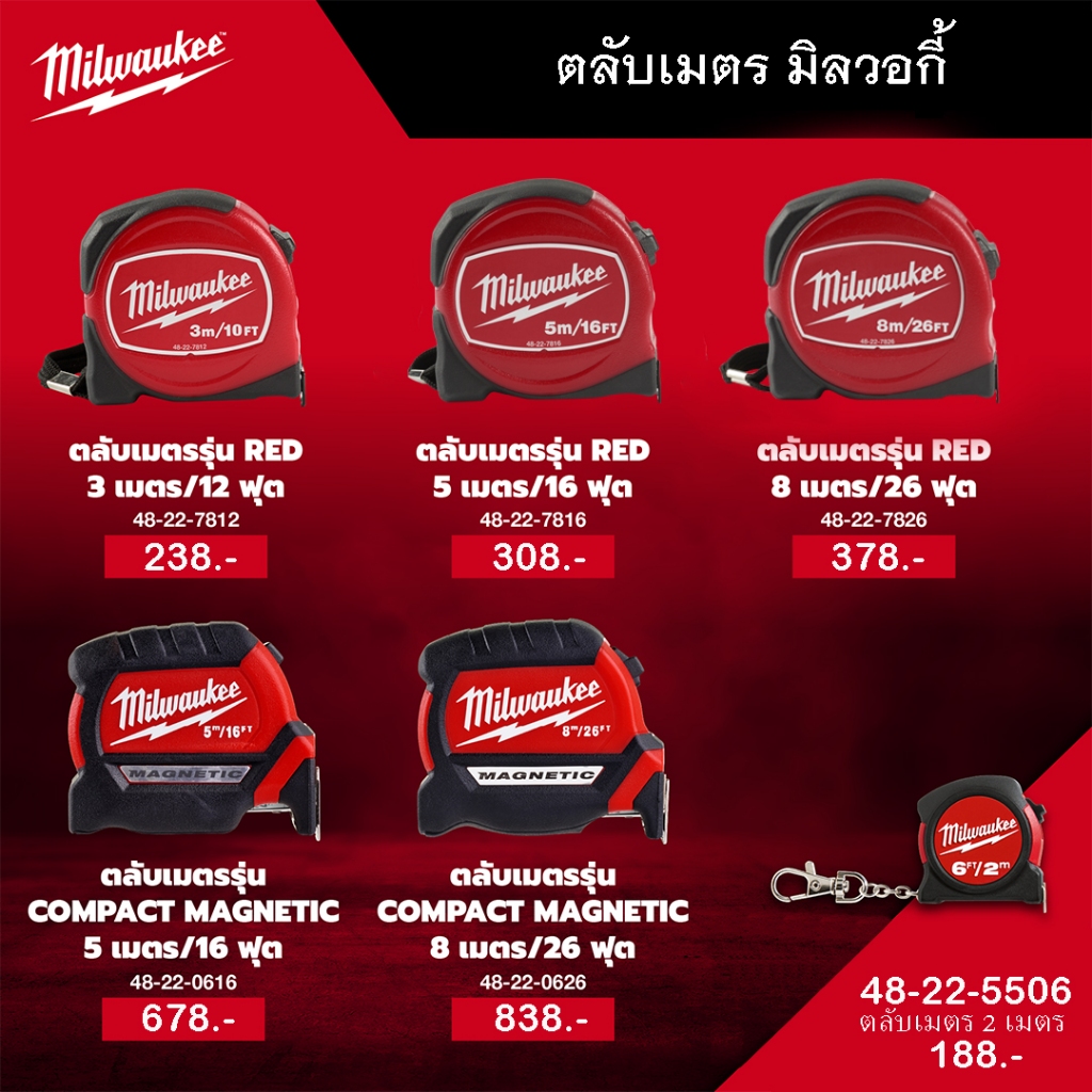 Milwaukee ตลับเมตร 2 เมตร  3 เมตร  5 เมตร 8 เมตร 48-22-5506 48-22-7812 48-22-7816 48-22-0616 48-22-0626