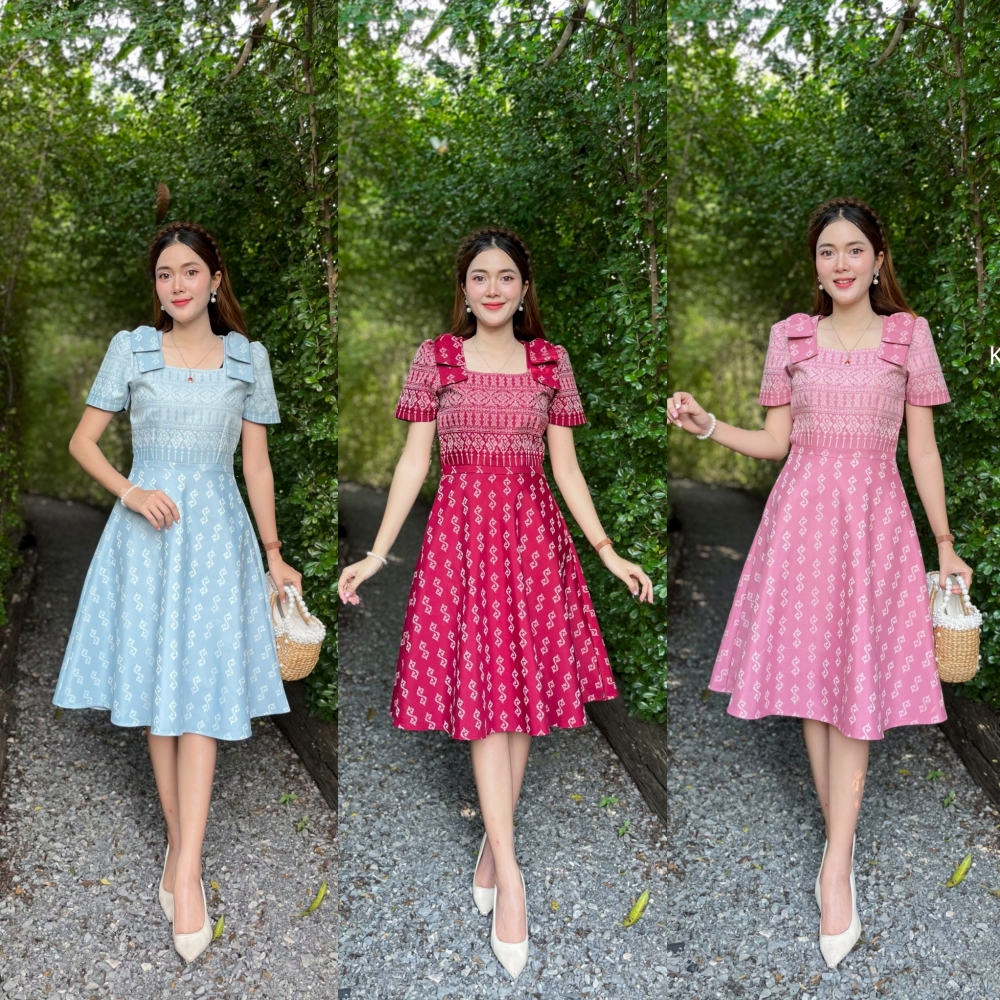 Kety Smile ชุดเดรสผ้าทอลาย แต่งโบว์ไหล่ กระโปรงบานทรงย้วย 8 ชิ้น อัดกาวทั้งชุด สวยน่ารักสุดๆ (S-2XL) N563