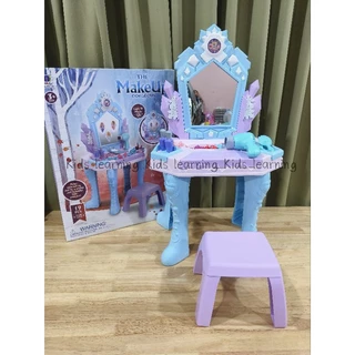 🏅Kids learning🏅ใหม่ โต๊ะแต่งหน้าเด็กลายเจ้าหญิงสีฟ้า มีเสียงมีไฟ ไดร์ใช้ได้จริง อุปกรณ์ 19 ชิ้น