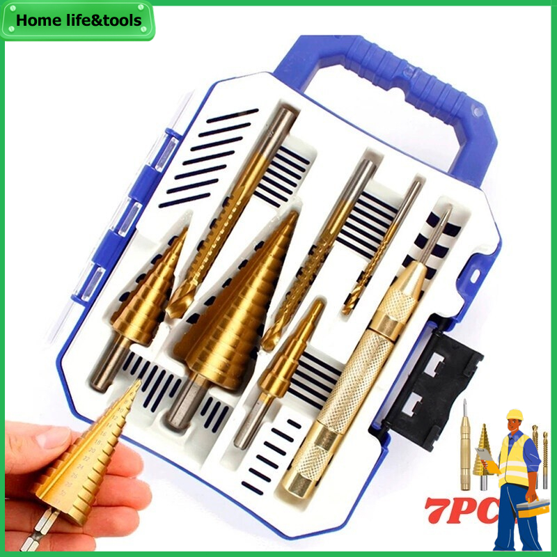 7 Pcs of step drill woodworking pull slot saw drill center punch set set of triangular handle drill 