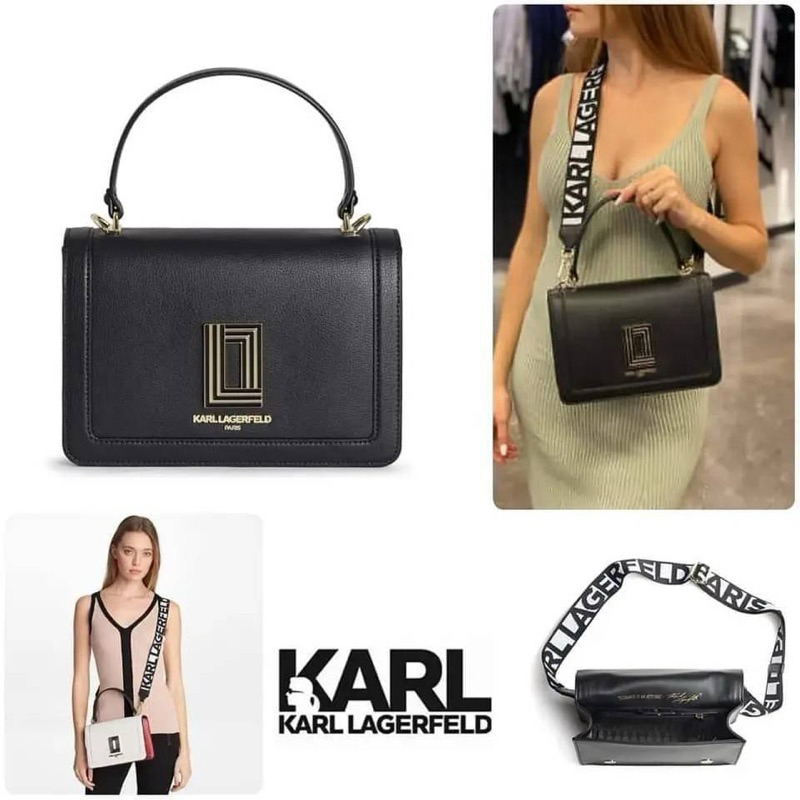 (ผ่อน0%) 🎀 Karl Lagerfeld Paris Simone Crossbody กระเป๋าสะพายข้าง ทรงกล่อง  หนังแท้สีดำ ฝาปิดแม่เหล็ก  สายสปอร์ต 9 นิ้ว