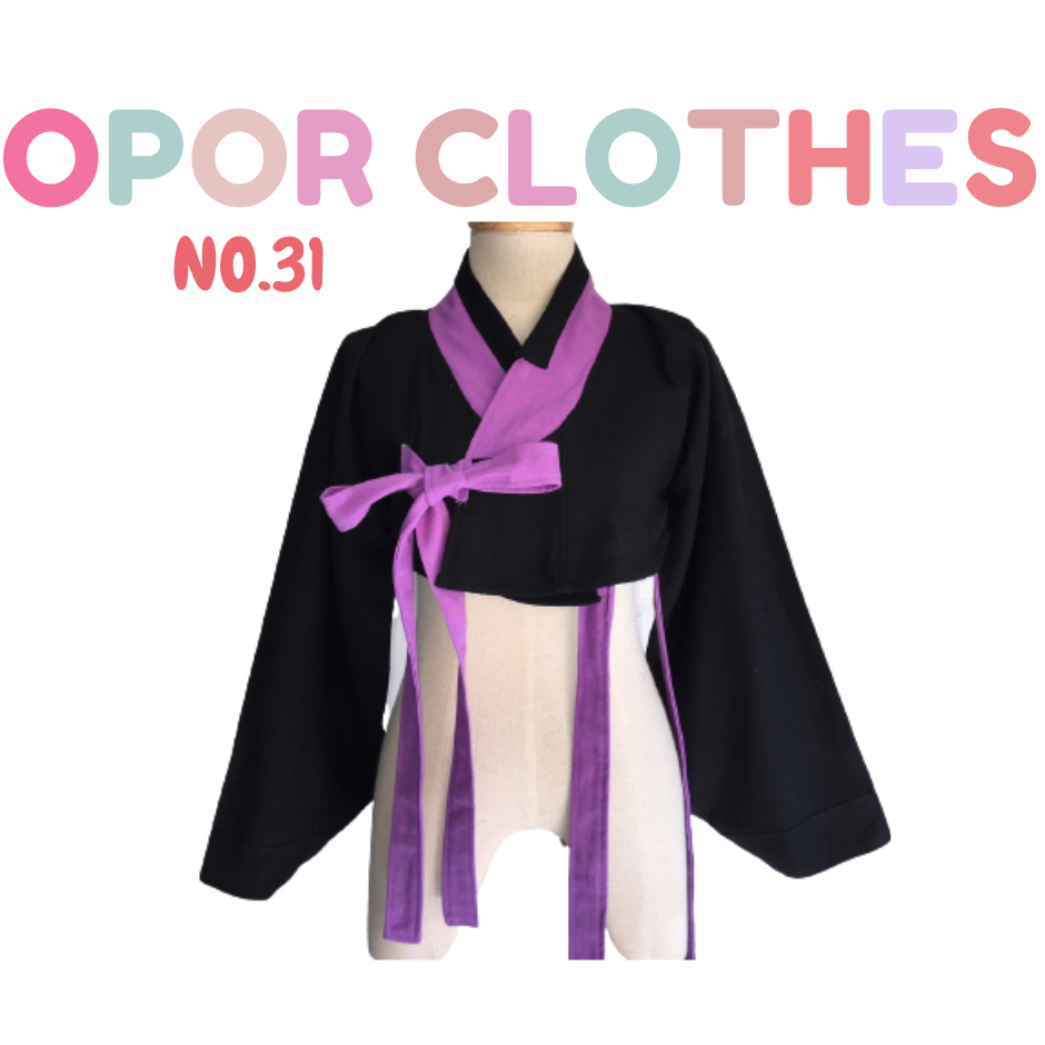เสื้อครอปฮันบกตัวสั้นดำ-โบว์ม่วงK-031