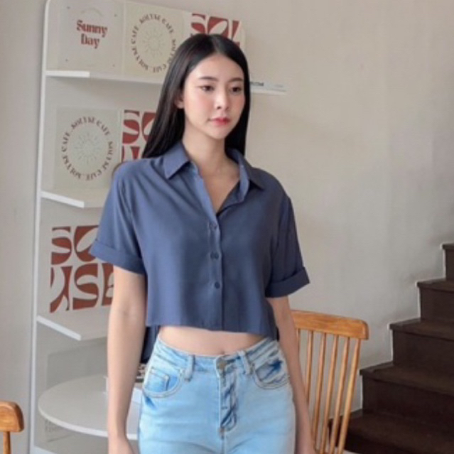 A44 เสื้อเชิ้ตครอปแขนสั้น แต่งแขนพับ งานผ้าซิลด์ผสม เงาสวย ใส่สบายไม่ร้อน งานสั่งตัดพรีเมี่ยม wanwan clothing