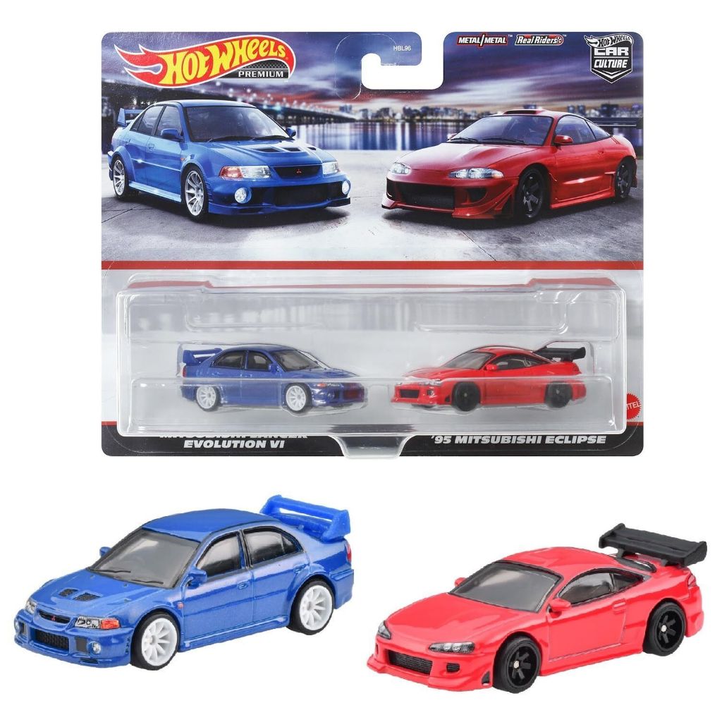 โมเดลรถเหล็ก Hot Wheels Premium 2 Pack (แพ็คคู่) Mitsubishi Lancer Evolution/ '95 Mitsubishi Eclipse (ล้อยาง) ลิขสิทธิ์
