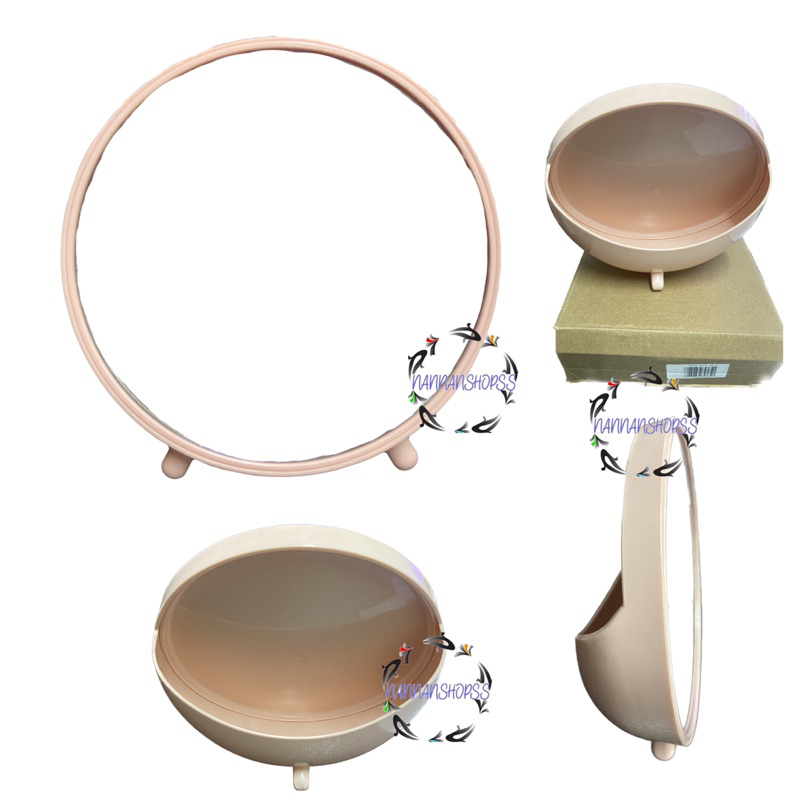 กระจกตั้งโต๊ะ ทรงกลม มีที่ใส่ของ ด้านหลัง สีเบจ กระจก แต่งหน้า