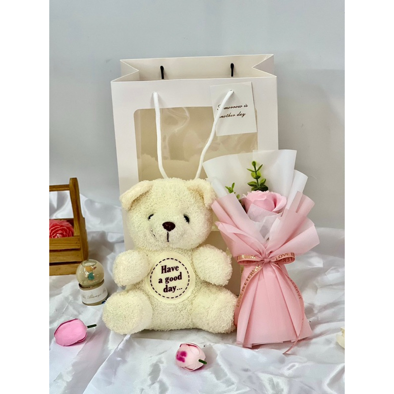 V001HL กุหลาบ 1 ดอก พร้อมหมีใส่ถุง Love