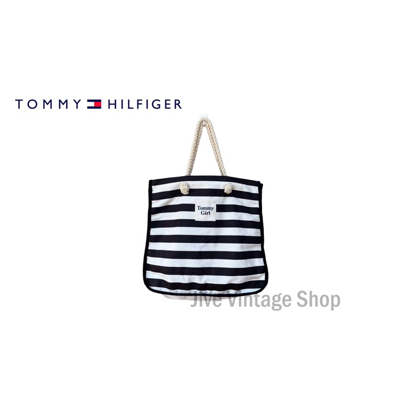 กระเป๋า Tommy Girl / Tommy Hilfiger ทรง tote ผ้าแคนวาสสะพายไหล่ ทรง shopping ลายขวาง ขาวดำ มือสองสภาพดีจากตู้ญี่ปุ่น