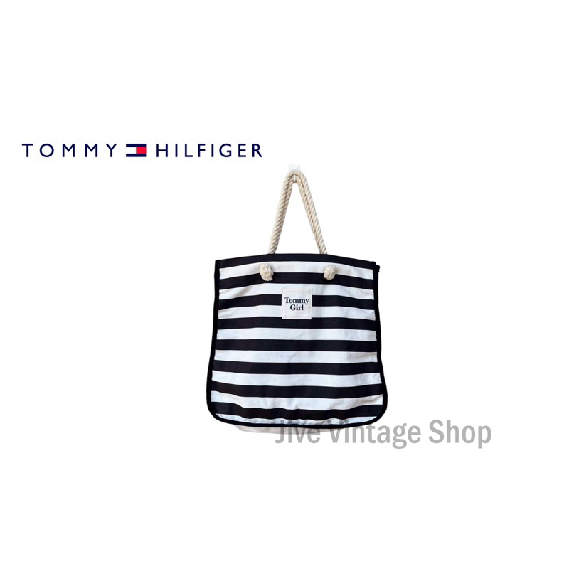 กระเป๋า Tommy Girl / Tommy Hilfiger ทรง tote ผ้าแคนวาสสะพายไหล่ ทรง shopping ลายขวาง ขาวดำ มือสองสภา