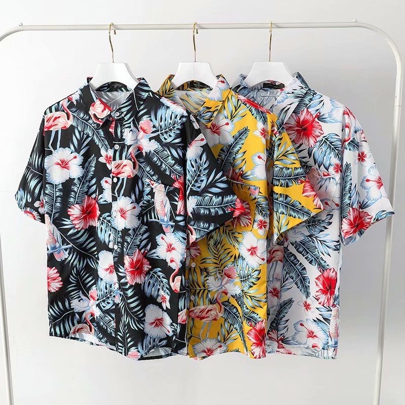 aililai1688  เสื้อเชิ้ตแขนสั้น ลําลองแฟชั่นฤดูร้อนลายดอกชบาสวยปังมากจ้า ผลิตจากผ้าที่มีคุณภาพ