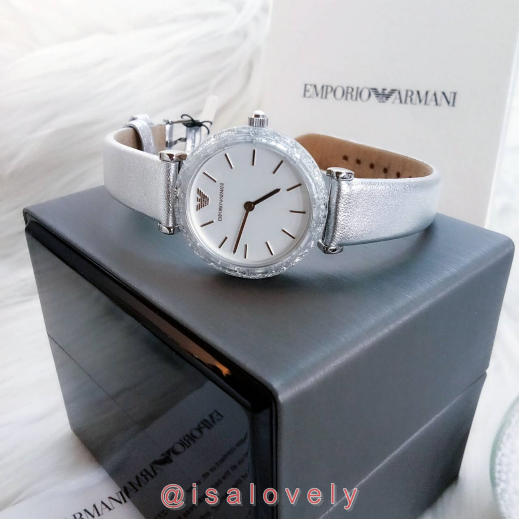 📌Isa Lovely Shop📌  Emporio Armani Women's Gianni T-Bar Silver Leather Watch AR11124
