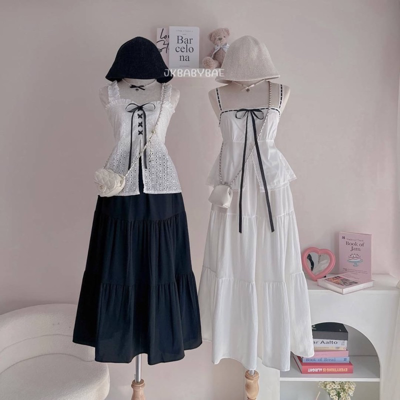 ชุดเซตเสื้อสายเดี่ยว/แขนตุ๊กตา แต่งริบบิ้นผูกโบว์+กระโปรงยาวเอวยางยืด ซื้อแยกได้ค่ะ