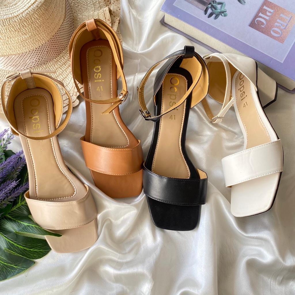 (15/3) รองเท้าส้นสูง 2 นิ้ว (งานหนัง) สวมเปิดหน้าเท้ารัดข้อ K-9244  (Size 41-47)  รองเท้าไซส์ใหญ่ รองเท้าหัวเหลี่ยม