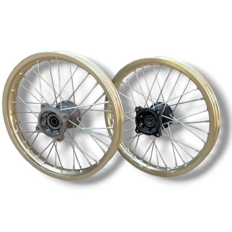 วงล้อหน้าอลูมิเนียมสีทองอ่อนพร้อมดุม 32รู ขอบ 14*1.40 แกนล้อ 15มม.