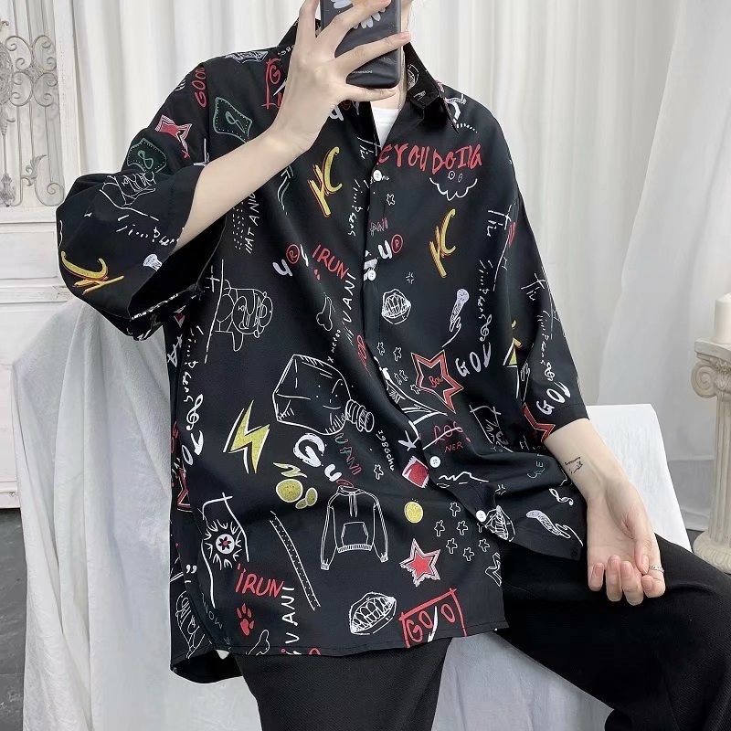 aililai1688 เสื้อเชิ้ตทรงหลวมฤดูร้อน วินเทจแขนสั้นสบายตัวมาก พิมพิ์ลายดอกไม้ สำหรับผู้ชายแขนสั้น ราคา ถูกที่สุด ดีลบีเคเค