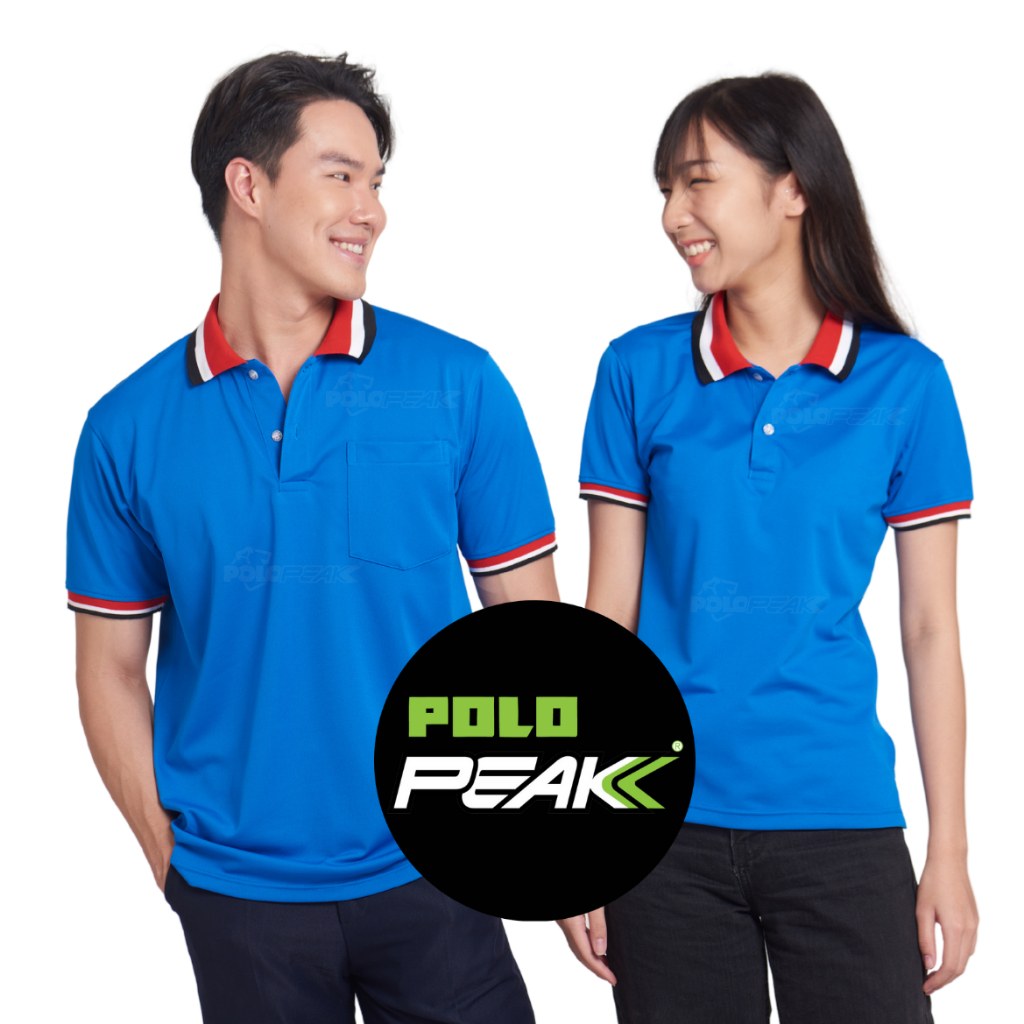 เสื้อโปโลสีฟ้า ปกแดงขาวดำ polopeak