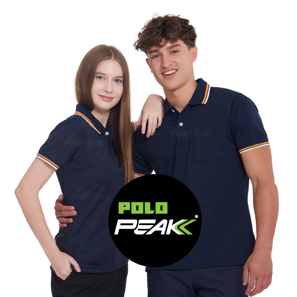 เสื้อโปโลสีกรมท่าเข้ม ปกริ้วส้มขาว polopeak