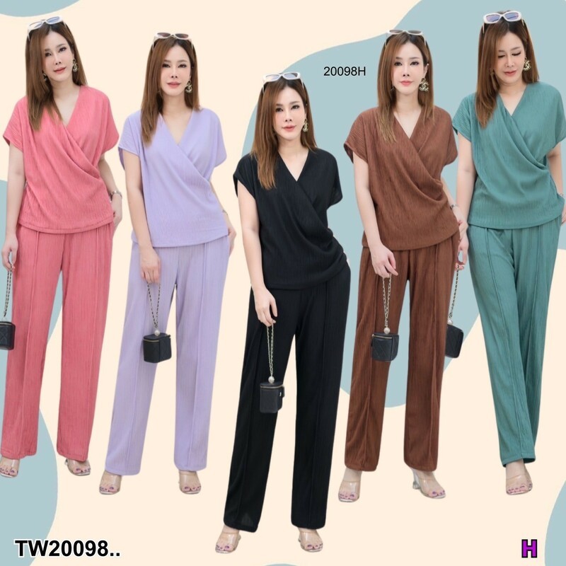 MM20098 Set 2 ชิ้น #สาวอวบ เซทเสื้ออกไขว้ คอถ่วง + กางเกงขายาว Set of 2 pieces #chubby girl, set of cross-breasted shirt