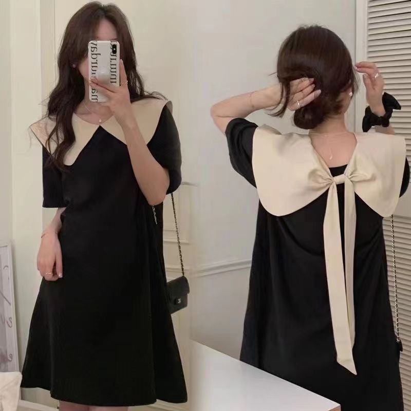 🌙ชุดเดรส,🌙เวอร์ชั่นเกาหลีของฤดูร้อนหลวมสีทึบโบว์ชุด