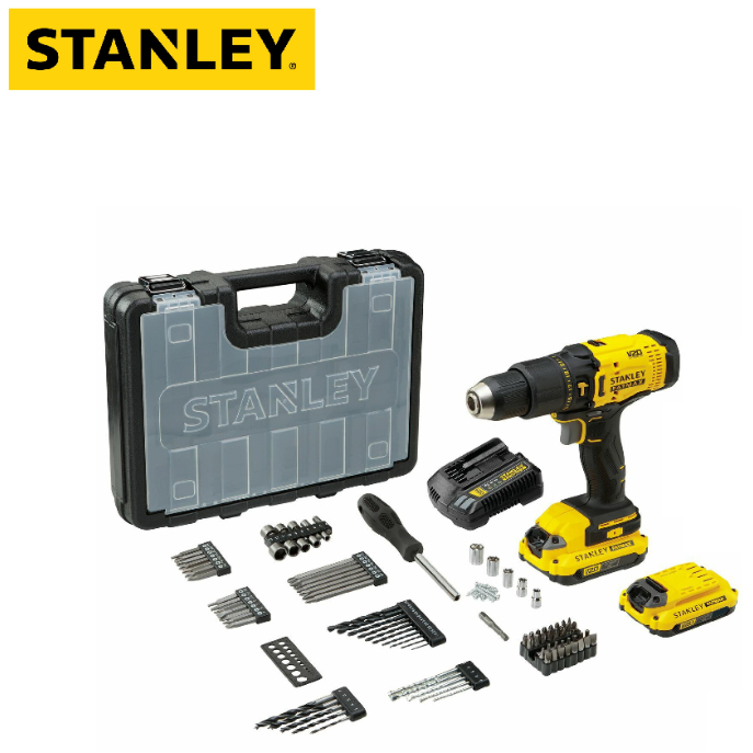 STANLEY สว่านกระแทกไร้สาย 20 โวลท์ รุ่น SCD711D2KA พร้อมแบตเตอรี่ 2.0Ah ( ครบชุด ) ชุดดอกสว่าน 100 ช
