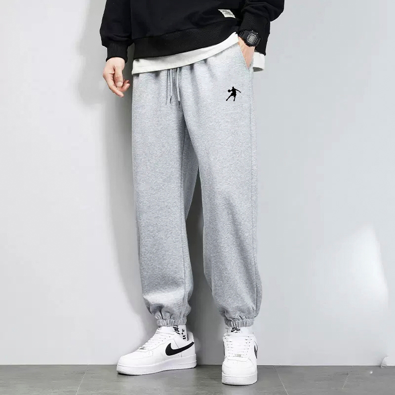 กางเกงวอร์มขายาวผู้ชายกางเกงลำลองทรงหลวมแบบหนาแบรนด์อินเทรนด์บาสเก็ตบอลสีเทาดำกางเก