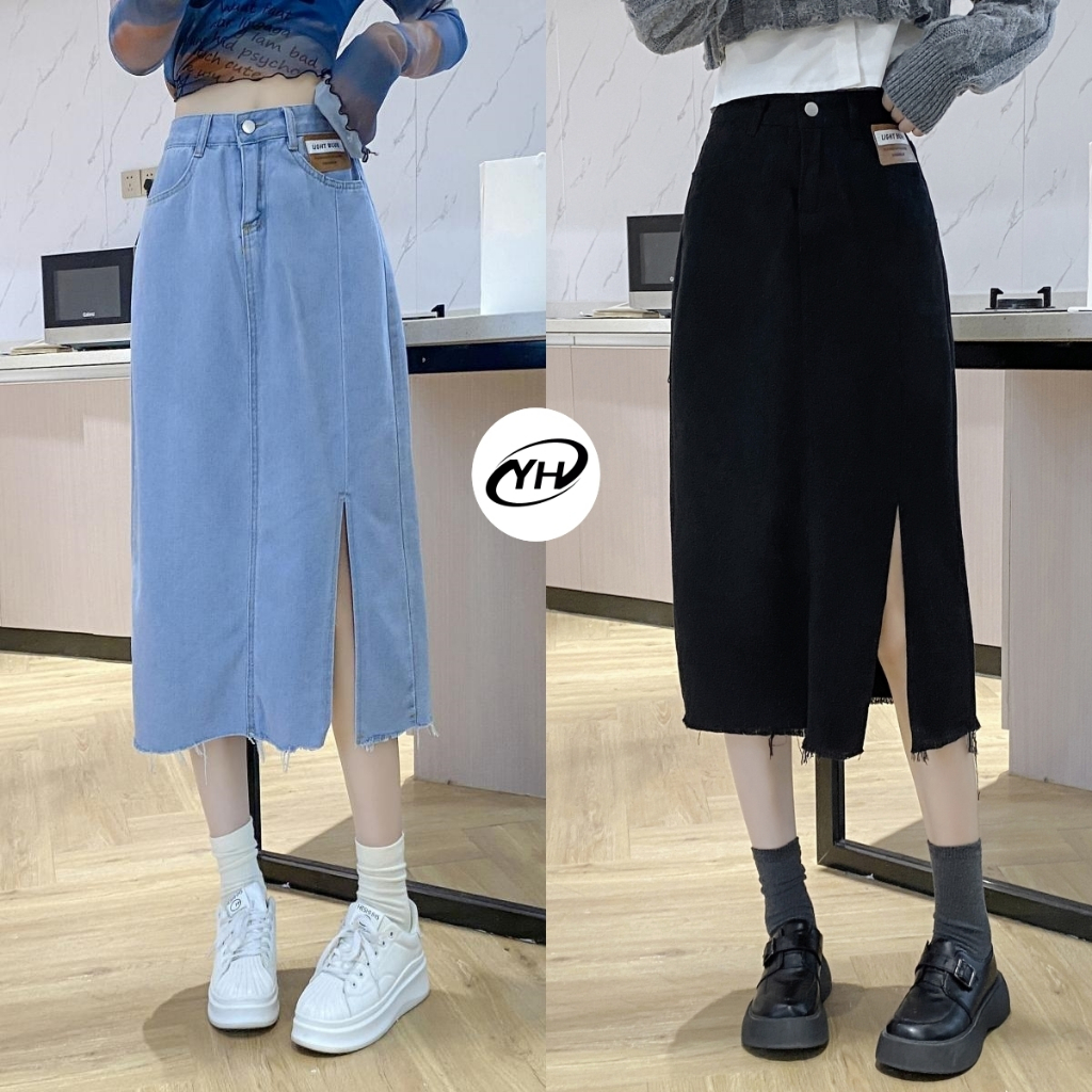 YH#688 มีไซส์ S-2XL กระโปรงยีนส์ เอวสูงเว้าข้าง กระโปรงยีนส์ยาว ทรงเอ ผ่าข้าง สําหรับผู้หญิง