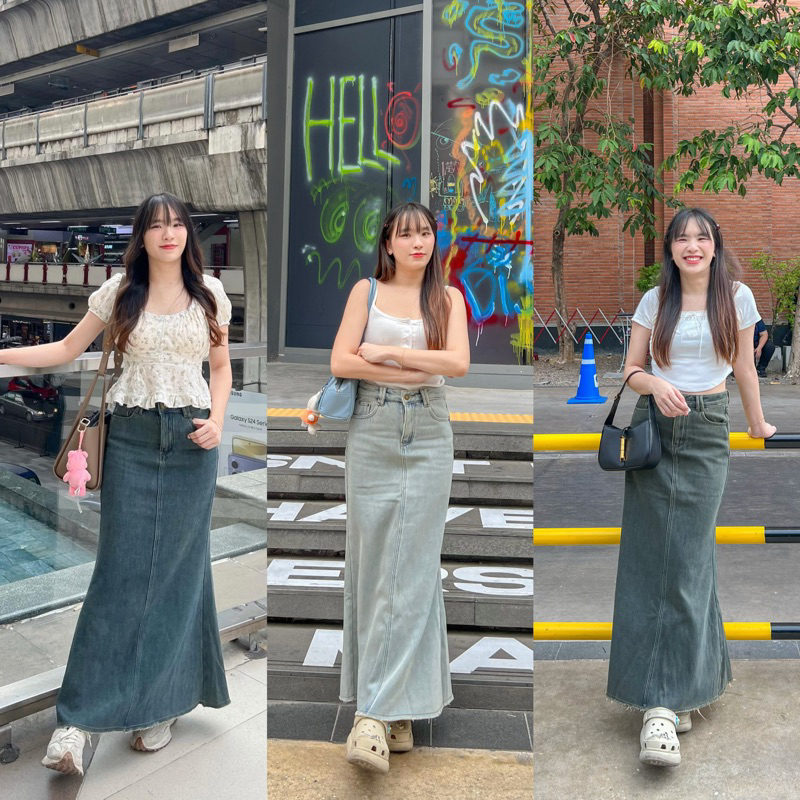 (พร้อมส่ง)  กระโปรงยีนส์ยาว Kiddy long skirt กระโปรงบุขน