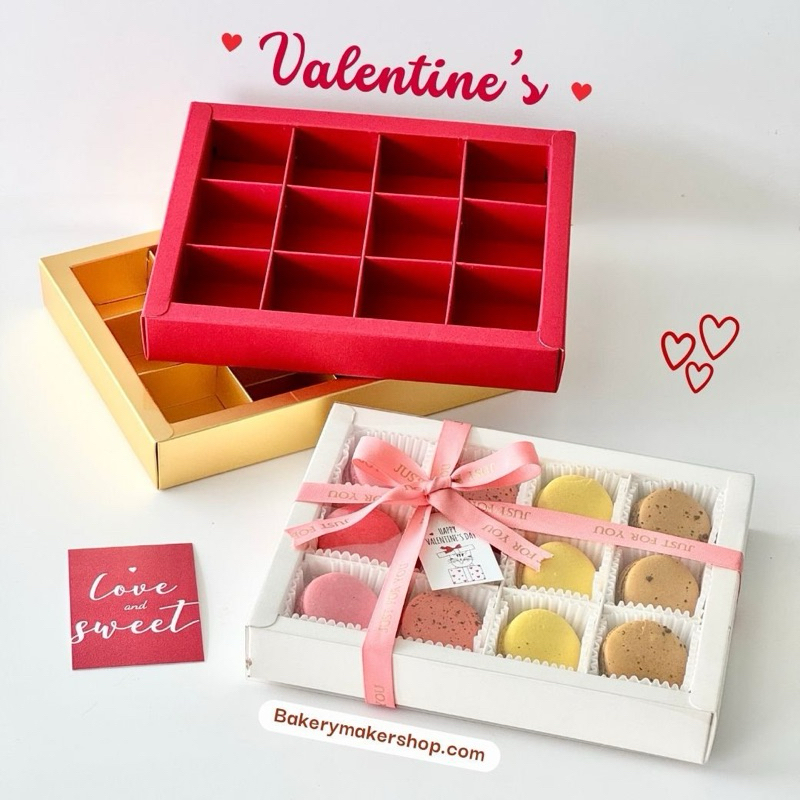 กล่องมาการอง 12 ช่อง ฝาเลื่อนใส 1ใบ 3 สี / Macaron box Valentine box กล่องช็อคโกแล็ต ฝาเลื่อน