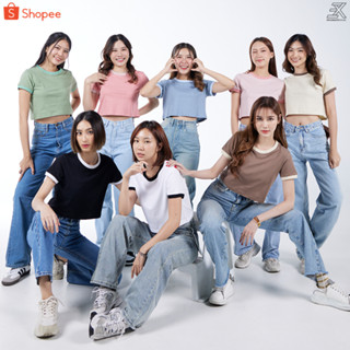 Expogarment เสื้อครอป ริงเกอร์ เอิร์ธโทน พาสเทล ทูโทน แขนสั้…