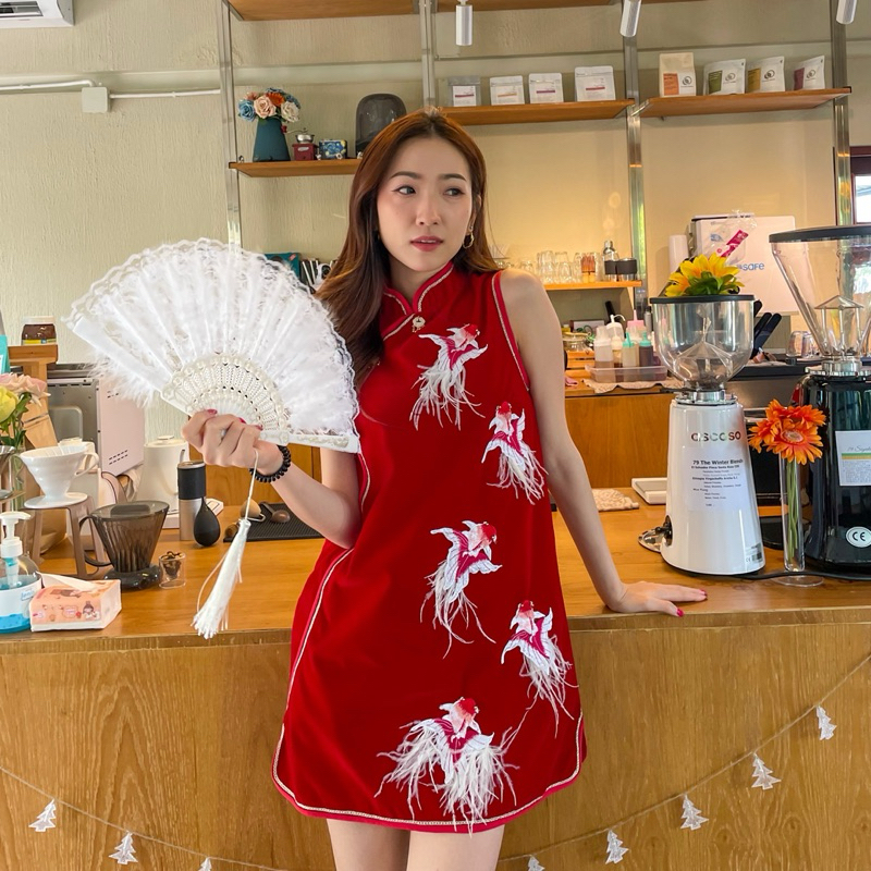 Fish CNY dress (พร้อมส่ง) - มินิเดรสแดงคอจีนปักปลา ตรุษจีน