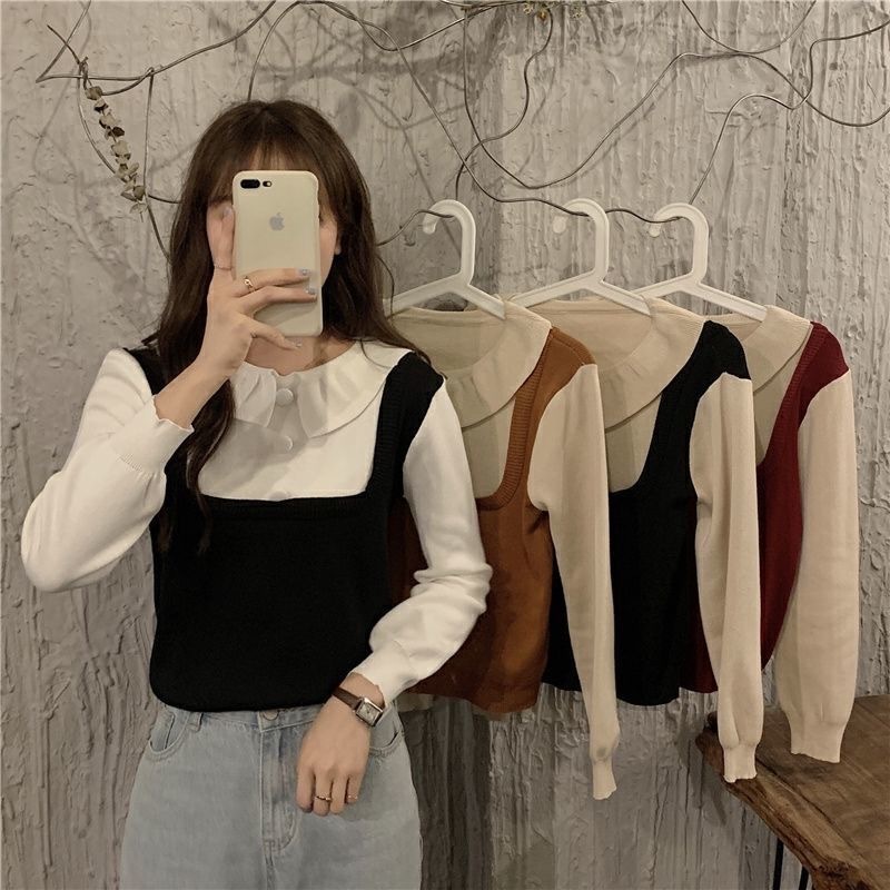 เสื้อกันหนาว แฟชั่นผู้หญิง แขนยาว คอปก ผ้าหนา เหมือนใส่ 2 ตัว สีทูโทน แต่งกระดุมหุ้มผ้า สไตล์เกาหลี สตรีท คาเฟ่